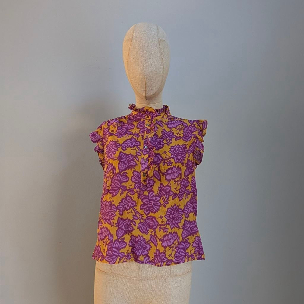 Xirena Yellow/Purple Floral Print Ruffle Neck Cotton Silk Blouse - XS - Picture 2 of 8